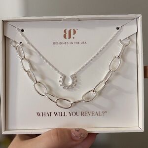 Silver Layered Chain and Crescent Pendant Necklace Set